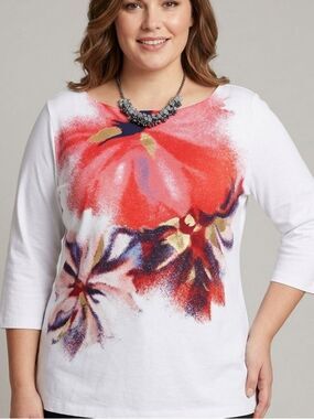 NWT JONES NEW YORK White Long Sleeve Floral T-Shirt XL